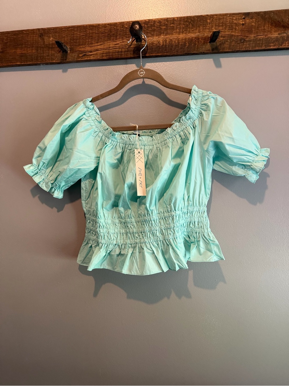 She + Sky Aqua Mint Off-Shoulder Smocked Peplum Top